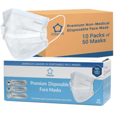 500pcs Litepak Premium Disposable Face Mask 3-Ply SOFT Comfort Earloops White - Image 1 of 4