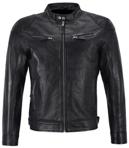 Men Black Biker Leather Jacket Black Soft Sheep Skin Leather Real Leather Jacket - Picture 1 of 5