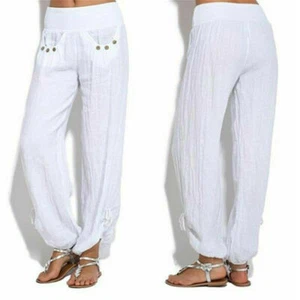 Linen Harem Pants Loose Baggy Wide Leg Yoga Long Trousers Plus Size Women Casual - Picture 1 of 11