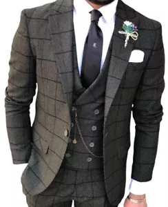 Designer Business Grigio a Scacchi Abito Maschile Giacca Weste Arredata Slim Fit - Foto 1 di 2