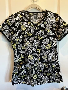 Med Couture Women’s Black Yellow Floral Print Scrub Top Short Sleeve Sz SMALL - Picture 1 of 8