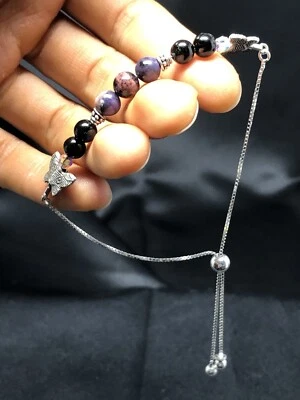 Sugilite Butterfly Swarovski Sterling Silver Adj. Chain Bracelet Handcrafted P24 - Image 1 of 4