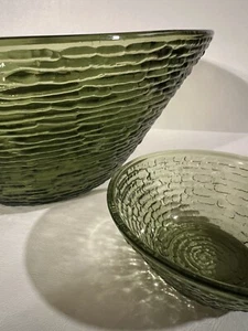 Vintage Anchor Hocking Soreno Avocado Green Textured 3 Piece Chip & Dip Set MCM - Picture 1 of 2