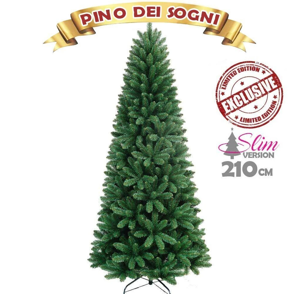 BAKAJI Albero Di Natale Verde SLIM Pino Dei Sogni Altezza 210 cm Base a Croce 850 Rami