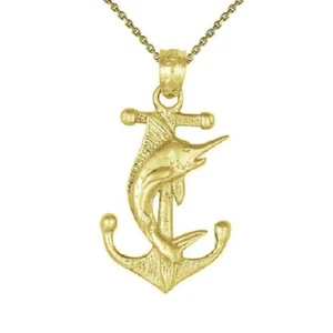 Sterling Silber Gelbgold plattiert Halskette mit Anker mit Marlin Anhänger Charm - Bild 1 von 8