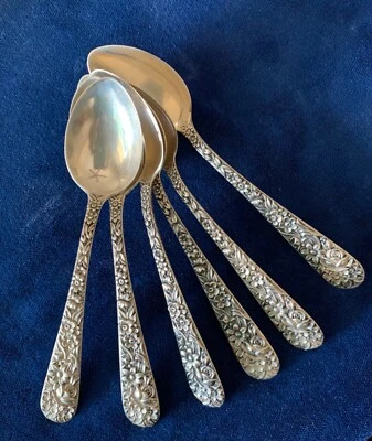 S KIRK & SON SET OF 6 STERLING SILVER DEMI-TASSE SPOONS, REPOUSSE FLORAL  4 3/8" - Image 1 of 4