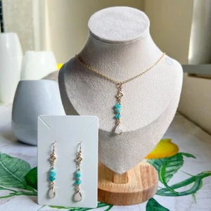 Western Turquoise Stone White Jade Clover Charm Casual Boho Teardrop Jewelry Set - Picture 1 of 6