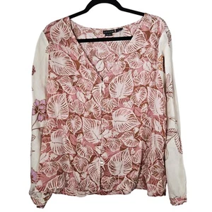 Tahari Top Damen L Leinen Popover Lila Blätter AOP Knopfleiste Neu ohne Etikett Küste Büro  - Bild 1 von 12