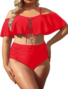 Women plus Size Bikini Sets High Waisted Ruffle Tummy Control Two Piece Swimsuit - Picture 1 of 12