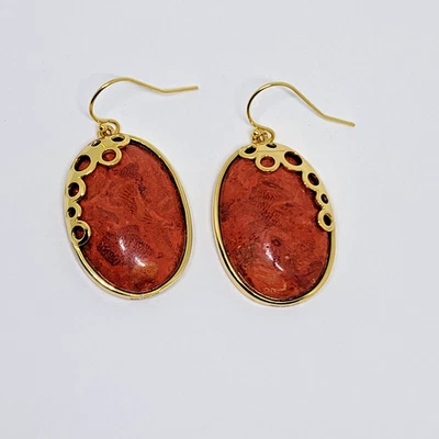 JTV Wrapped in Gold Sterling Silver Red Coral Drop Dangle Earrings ~ 1.5" - Image 1 of 4