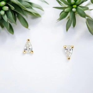 Gold Diamond Earrings GLI HRD Lab Created Pear 0.40 Carat Solid 14K Yellow Studs - Picture 1 of 9