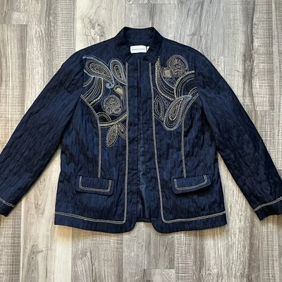 Alfred Dunner Womens Jacket 14 Navy Paisley Crinkle Lightweight Open Front - Image 1 of 4