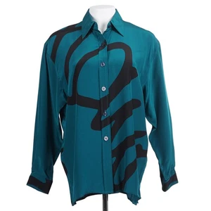 NWT DIANE VON FURSTENBERG Vintage Top S Green Black Print Silk Button Up Blouse - Picture 1 of 11