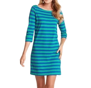 Vestido recto para mujer Lilly Pulitzer algodón verde azulado y azul marino a rayas manga 3/4 talla M - Imagen 1 de 8