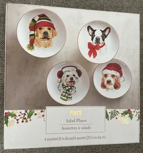 PIER 1 CHRISTMAS Plates SET Of 4 DOGS Festive Holiday Salad/Dessert Plates 8” - Picture 1 of 8