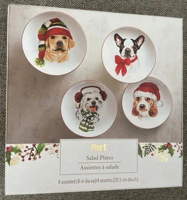 PIER 1 CHRISTMAS Plates SET Of 4 DOGS Festive Holiday Salad/Dessert Plates 8” - Image 1 of 4
