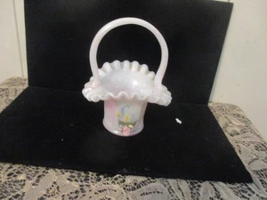 FENTON IRIDESCENT OPALESCENT S0FT PINK GLASS  BASKET W/3-D ROSE ACCENT SIGNED - Picture 1 of 8