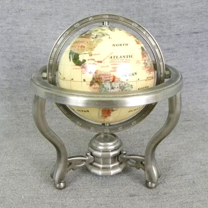 8” tall Semi-Precious Stones World Globe on Silver Rotating Stand w/Compass Used - Picture 1 of 14