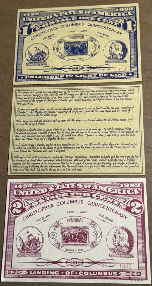 1992 Christopher Columbus Quincentenary Stamp Plaque Reproductions Lot of 2 - Image 1 of 1