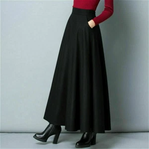 Gonna donna finta lana tinta unita linea A vintage calda mezza abito con taschino casual - Foto 1 di 10