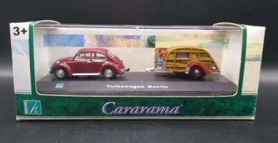 Hongwell Cararama VW Volkswagen Beetle & Slumber Coach Woody Camper Trailer - Image 1 of 4