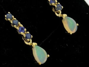 E038 - Lovely Genuine 9ct Solid Gold NATURAL Sapphire & Opal DROP Stud Earrings - Bild 1 von 3