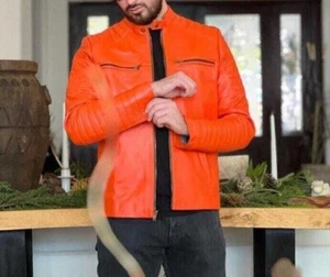Orange Leather Jacket Men Real Lambskin Biker Moto Cafe racer Premium Jacket-150 - Picture 1 of 9