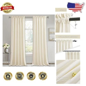 Soft Velvet Room Darkening Drapery 84"L - 2 Ivory Panels for Bedroom & Office - Picture 1 of 8
