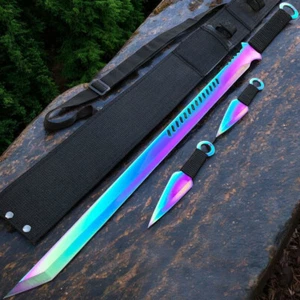 27" Ninja Sword TANTO BLADE Machete w/ 2 Throwing Knife Full Tang KATANA Rainbow - Picture 1 of 3