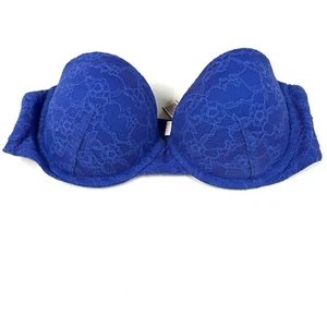 Victorias Secret 34B Strapless Multiway Pushup Bra Solid Blue Floral Lace #2157 - Picture 1 of 10