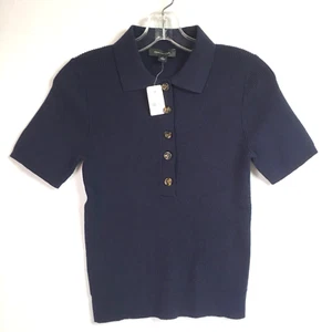 Ann Taylor Womens Medium Polo Sweater Navy Blue Ribbed Knit Short Sleeve NEW - Picture 1 of 7