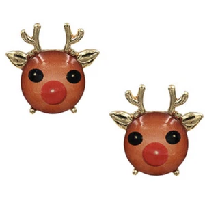 CHRISTMAS RUDOLPH THE RED NOSED REINDEER LUCITE STUD PIERCED GOLD TONE EARRINGS - Picture 1 of 1