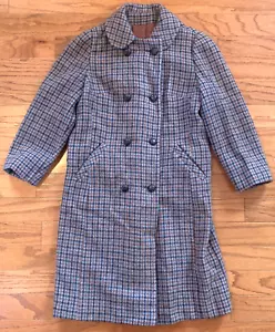 Harris Tweed Houndstooth Double Breasted Coat Vtg 60s 70s Blue Brown Long S / M - Picture 1 of 15