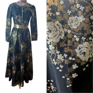 Miss MEHIR Dress 1970s Style Evening Maxi Gold & Black Floral Size S - Picture 1 of 11
