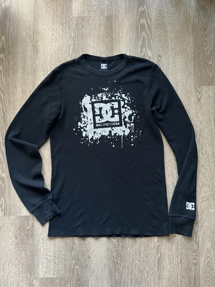 Y2K DC Shoes Thermal Long Sleeve Shirt Black Waffle Knit Skater Logo Tee Small  - Image 1 of 4