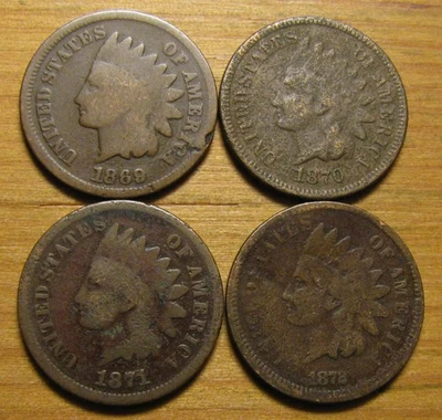 LOT OF (4) 1869 1870 1871 1872 INDIAN HEAD CENTS FROM COIN COLLECTION PENNY SET - Image 1 of 4