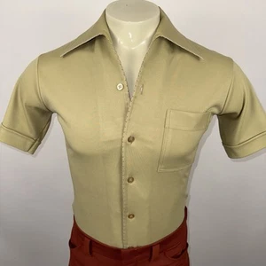 Vintage Joel Shirt Mens Stretch Knit Tan Polyester Disco Hippy MCM 60s 70s Small - Picture 1 of 12