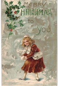 Weihnachten blondes Mädchen im roten Mantel weiße Muffs wirft Schneeball 1910 - Bild 1 von 2