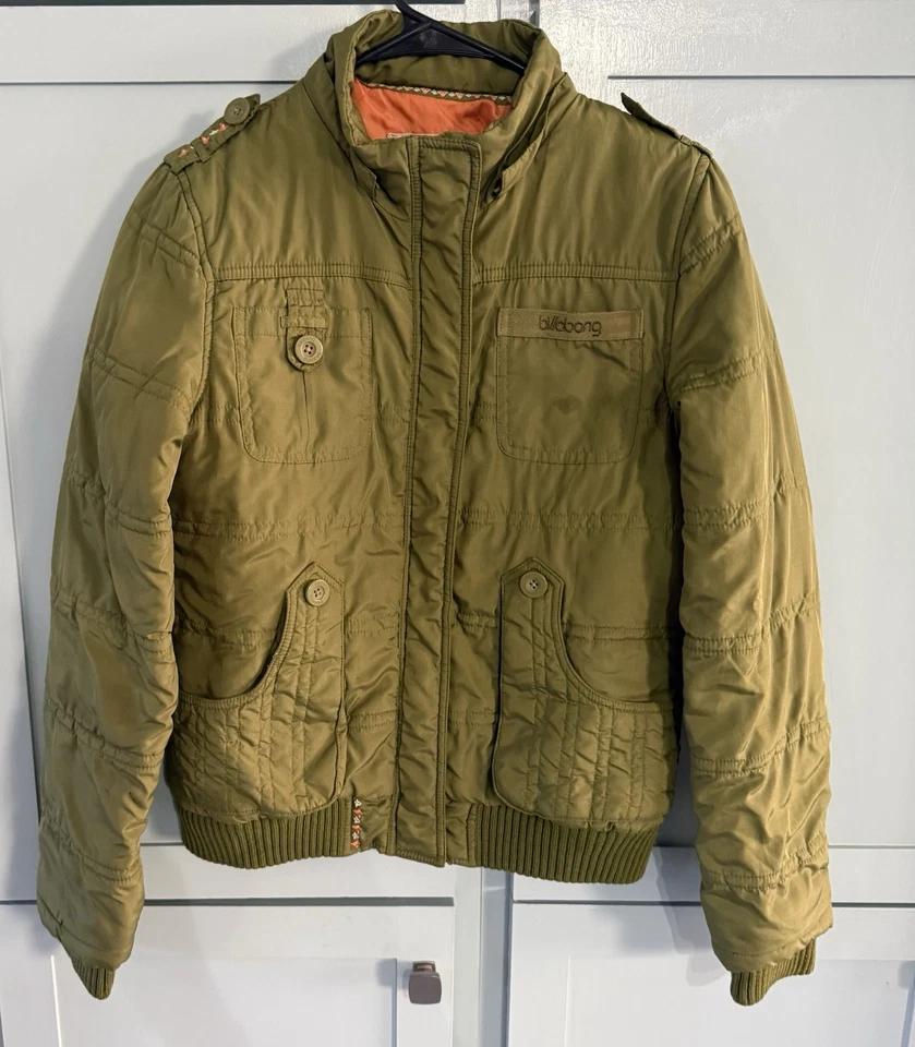 Billabong Bomber Jacket  Full Zip, Army Green, Collared, Lined, Puffer Medium - Image 1 of 4