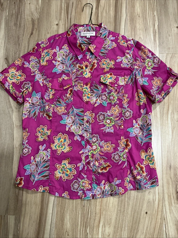 Jones New York Women’s Top Shirt Blouse Size XL Button Up Pink Floral Collared - Image 1 of 4