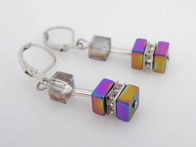 Ohrhänger Würfel Cube Hämatit glänzend Kristallglas multicolor  Strass klar 536 - Bild 1 von 4