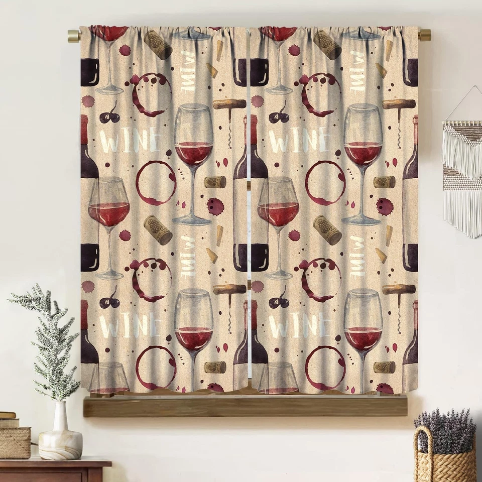 Cortinas de cocina de vino tinto, botella de vidrio abstracto arte rústico vintage dibujado a mano... Foto 1 de 4