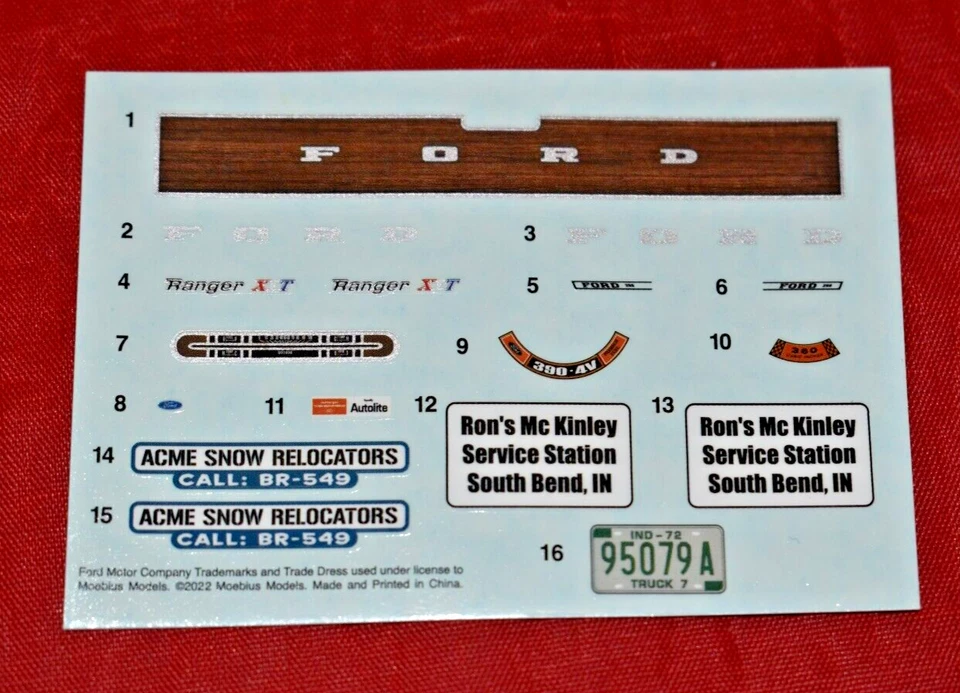 Hoja de calcomanías Moebius Modelos 72 Ford Ranger F-250 4X4 1/25 Foto 1 de 1