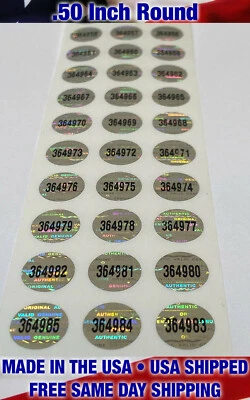 100 SERIE NUMERADA HOLOGRAMA A PRUEBA DE MANIPULACIONES ETIQUETAS DE SEGURIDAD SELLOS .50 pulgadas redondos Foto 1 de 2