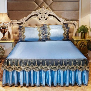 Summer Ice Silk 3pc Lace Bed Skirt European Non-slip Bed cover Soft Sleeping Mat - Picture 1 of 19