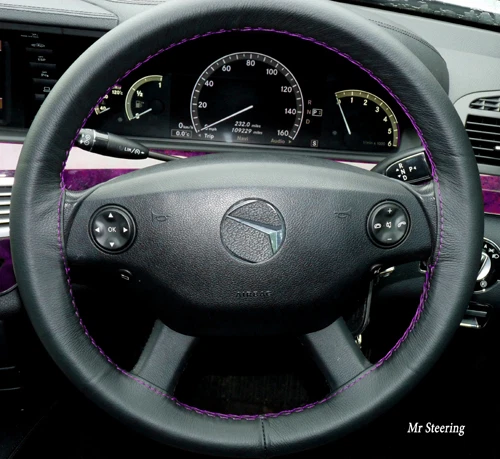 Per Mercedes Classe B W245 08-11 Volante IN Pelle Nera Cover Viola Punto - Immagine 1 di 1