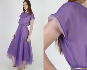 Vintage 70s Ethereal Chiffon Dress Flowing Purple Pink Layered Scarf Hem Maxi