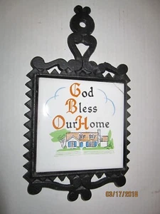 Vintage Napco Metal Ceramic GOD BLESS OUR HOME Hot Plate Trivet Wall Hanging b76 - Picture 1 of 3