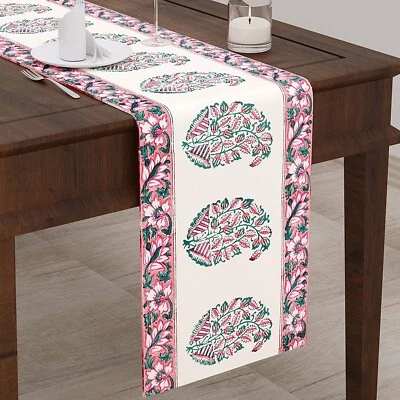 Cotton Hand Block Printed Table Runner (13 x 72Inches) (Pink & Peach Paisley) - Image 1 of 4