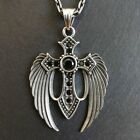 925 Sterling Silver Black CZ Cross Pendant with Detailed Large Open Wing Gothic